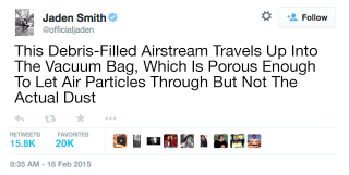 Illustration for article titled Say What You Will About Jaden Smith, But His Latest Tweets Show He’s Got A Pretty Strong Grasp On How Vacuum Cleaners Work